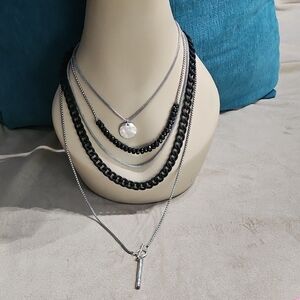 Chico's Layered Silver and Black Multi-Chain Necklace Set
